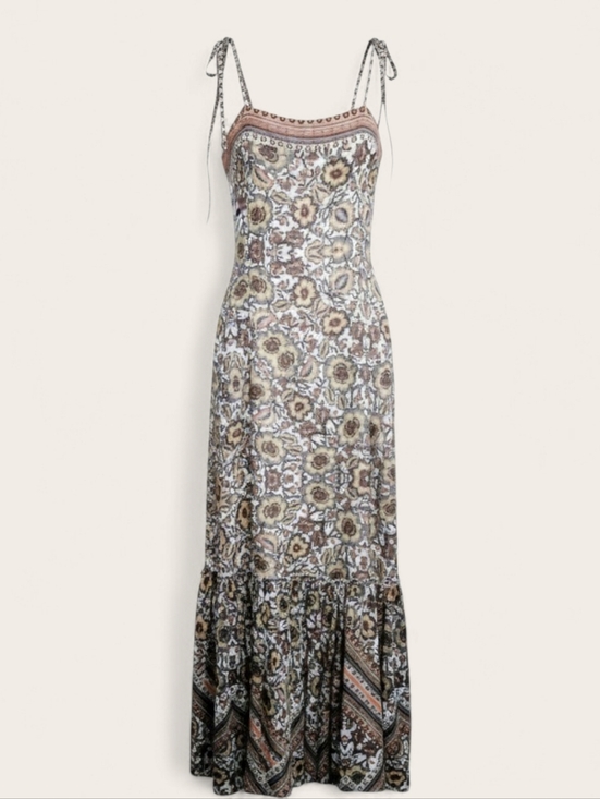 Guess Dresses & Skirts - Guess Cream and Brown Tiered Patchwork Poisies Floral Boho Maxi Dress XS